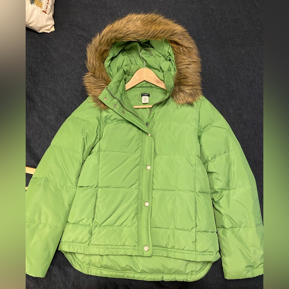 Green J. Crew Down Jacket with Fur Hood